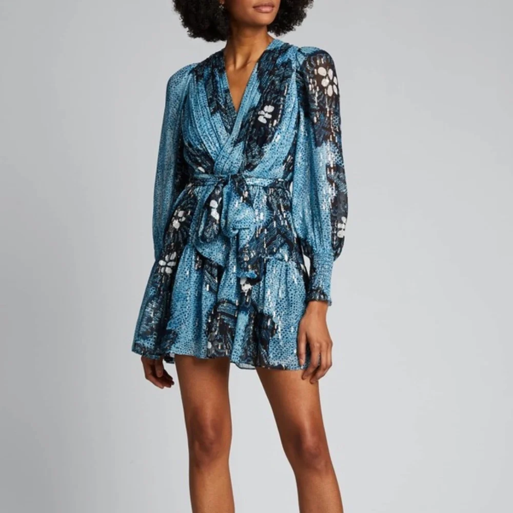 Ulla Johnson NOEMI Dress Size 12 Silk Metallic Mini Shibori Print in Sky Blue - Picture 4 of 16